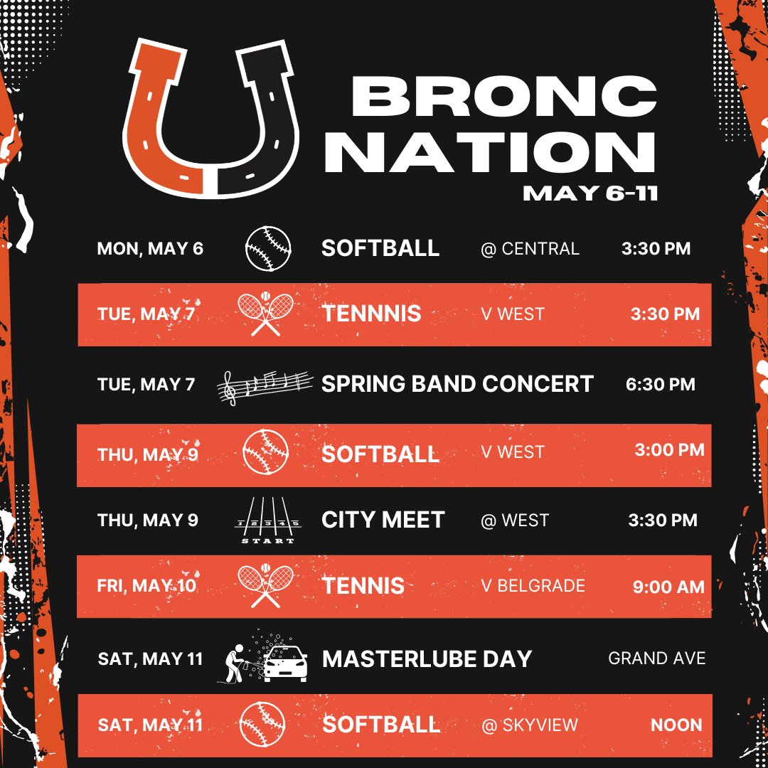 It's a busy week! Also:
Tues: Community Forum-graduation profile (6-7:30 pm)
Weds: RadGradmeeting 7 pm
Fri: Annual CELEBRATE SENIOR assembly by StuCo!
Sat: MASTERLUBE Day! Stop in at Grand Ave location to get an oil change/car wash, or enjoy the BBQ! Proceeds go to RadGrad party!