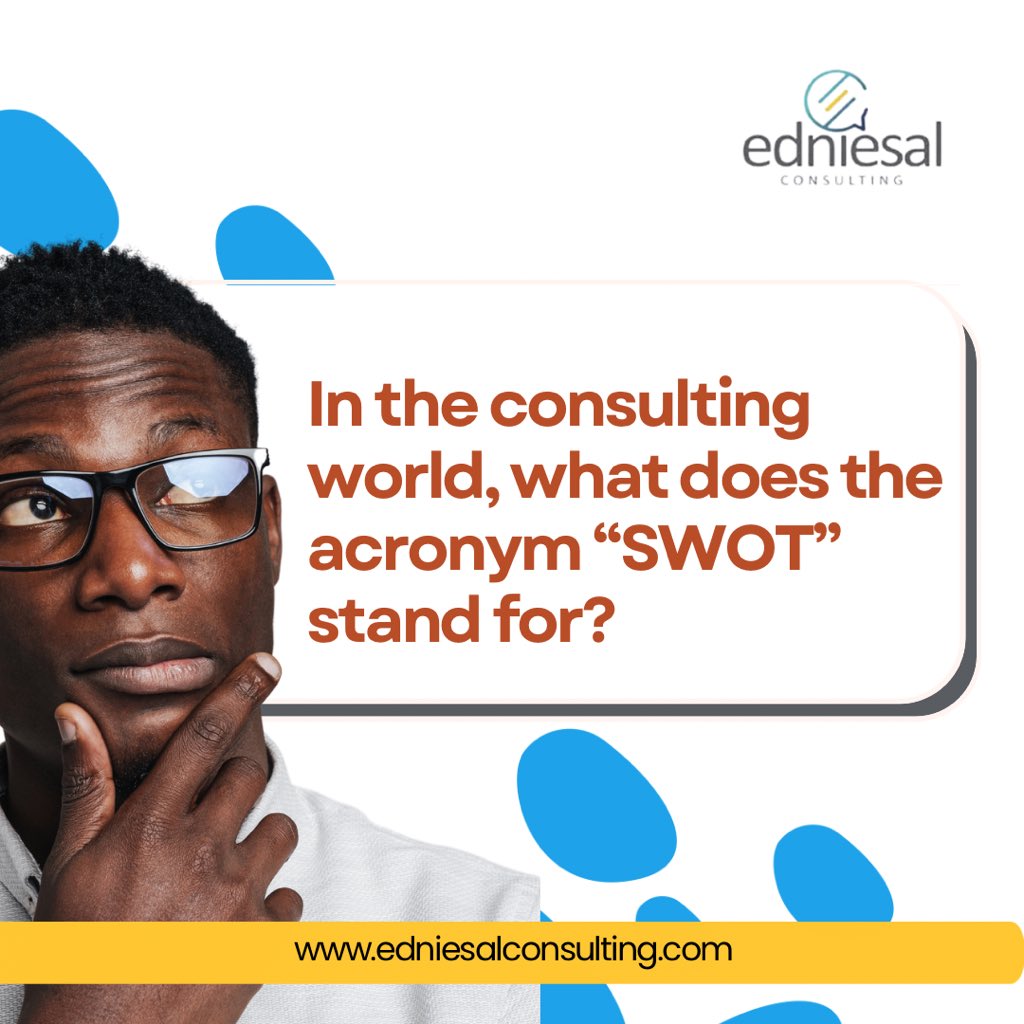 In the consulting world, what does the acronym SWOT stand for?

Let’s see who can get this right. Share your answers with us in the comment section🤗

#edniesalconsulting #consultingfirm #swotanalysis #explore #sundaytrivia