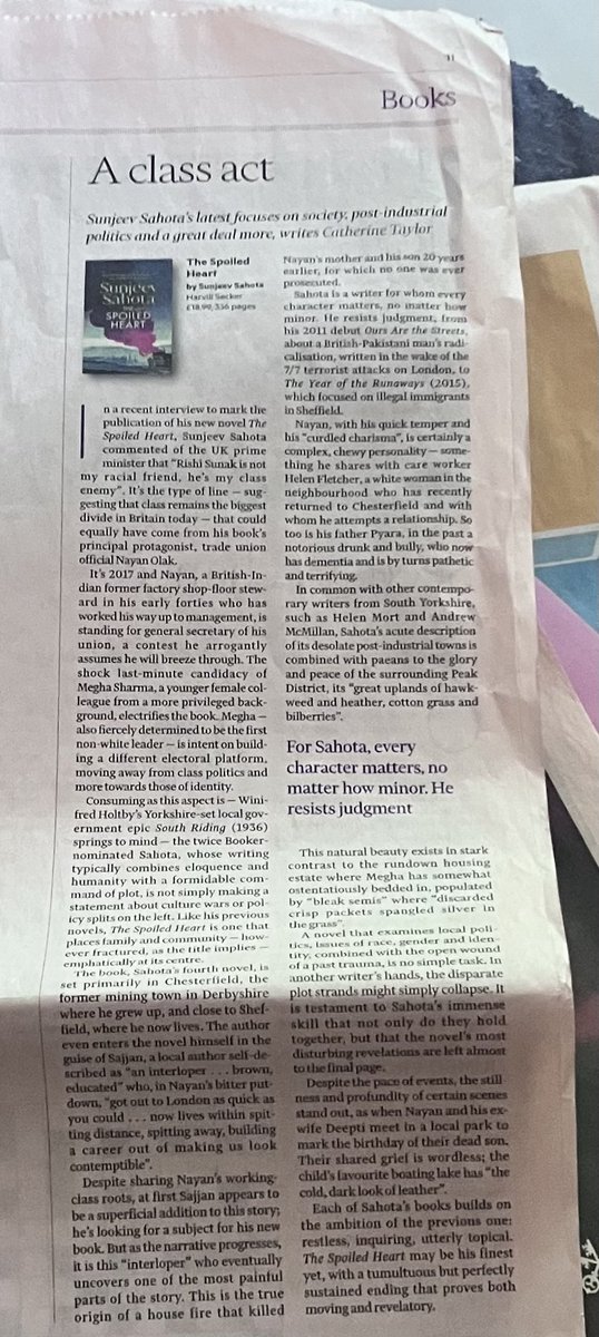 My review of Sunjeev Sahota’s new novel A Spoiled Heart, in print ⁦⁦@ftweekend⁩ . With a battle for leadership of a trade union featuring as one of brilliantly written plots, it seems so pertinent to our current political moment. Out from ⁦@HarvillSecker⁩