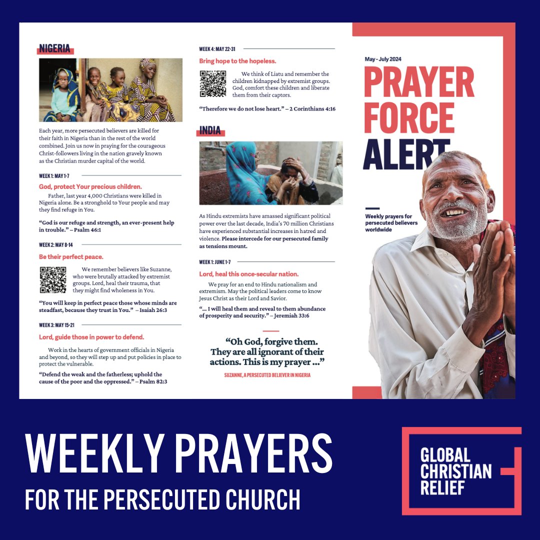 🙏 During the month of May, pray for Nigeria—the world's deadliest nation for believers. Access our Prayer Force Alert now to receive weekly prayers & scriptures, plus inspiring stories & videos about your persecuted family. globalchristianrelief.org/take-action/pr… #christian #persecution #prayer