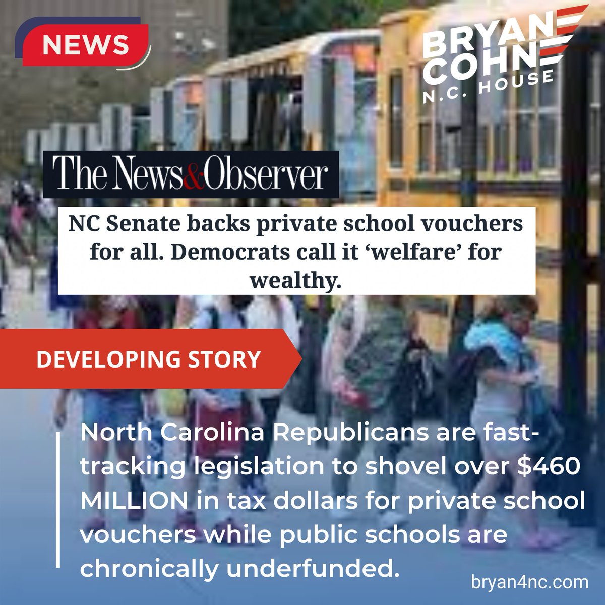 The GOP supermajority in the NC state Senate moved forward  last week to spend another $463.5 MILLION in tax dollars on school vouchers to help wealthy families send their children to expensive private schools. This as Granville County Public Schools have some $50 MILLION in…