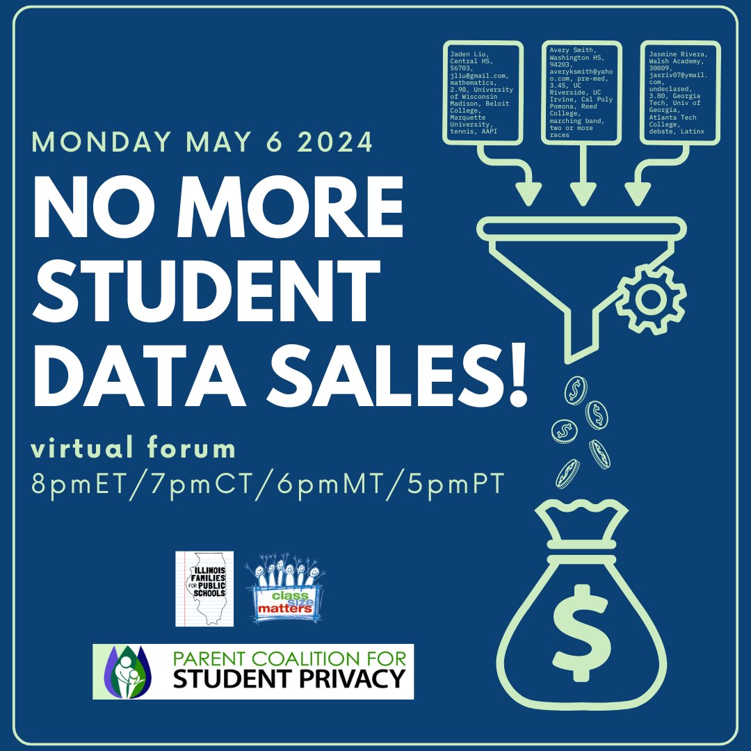 Not too late to sign up for our webinar tomorrow Monday May 6 at 8 PM EST: How to stop your kids' data from being sold by @collegeboard or @ACT. Register here: us02web.zoom.us/webinar/regist… Co-sponsored by @il_fps @Parents4Privacy