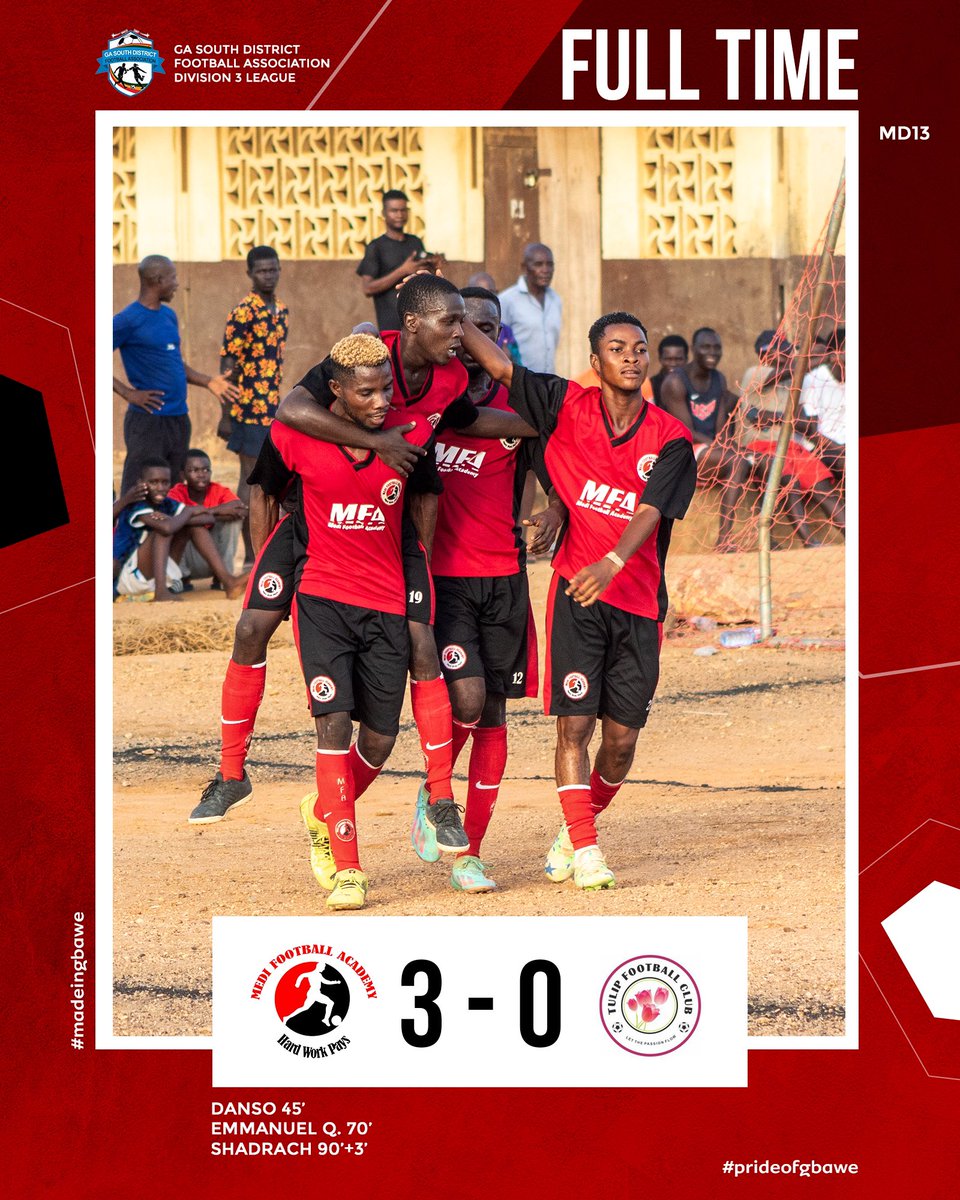 Victory at Gbawe! 👊🏽 Still unbeaten… ⚽️🔴⚪️⚫️ D3

Accra Medi FC 3-0 Tulip FC
. 
#medifootballacademy #BringBackTheLove #football #ghana #youngtalent #gbawe #prideofgbawe #madeingbawe #matchday #african #league