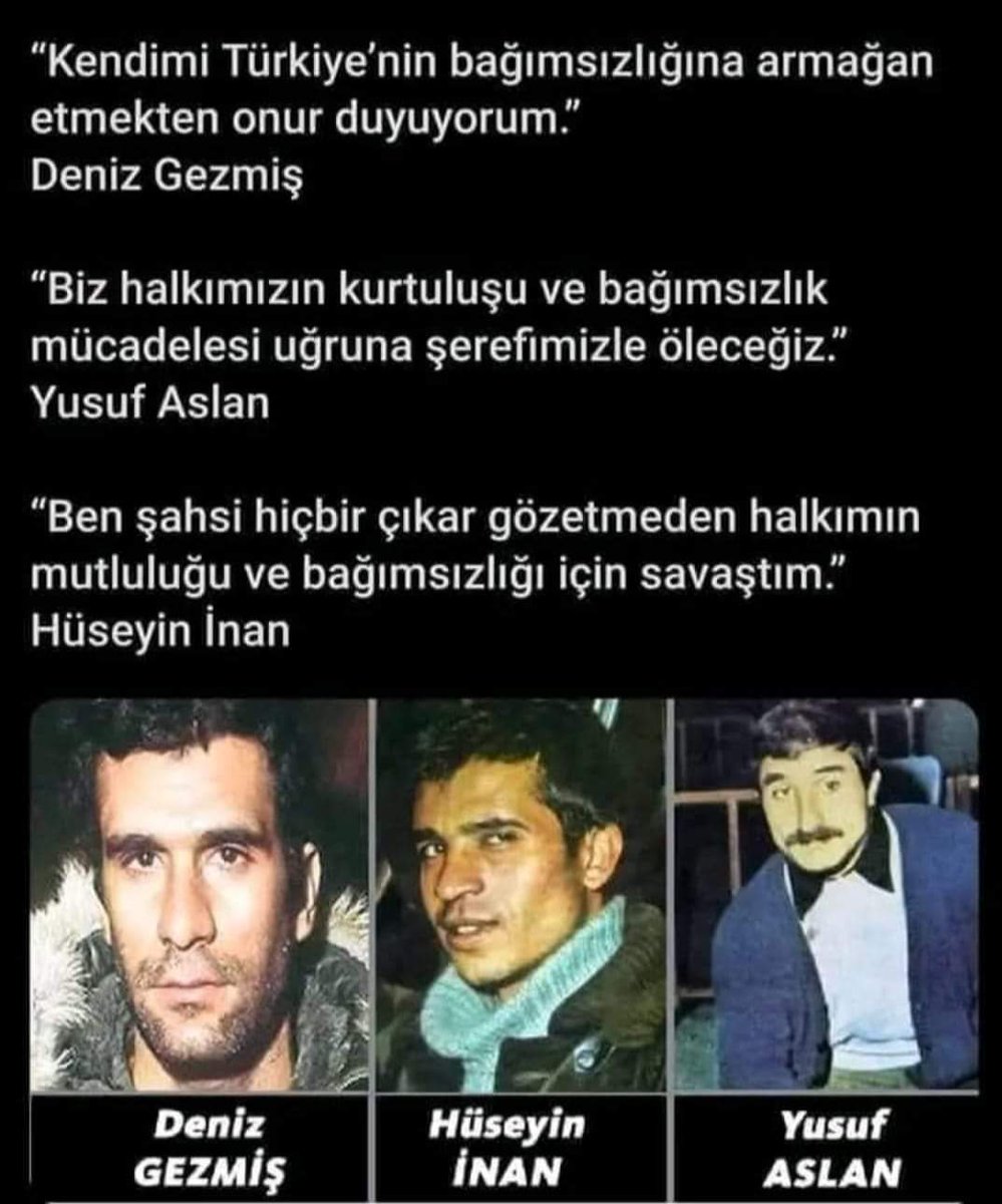 '5 Mayıs gecesi hıdırellez tohumları atılırken,biz üç fidan diktik toprağa.
Bir şafak,ilkbaharı sonbahara çevirdi'

Gençliklerinin baharında    canlarını hiçe sayarak  idam sehpasına giden devrimci yiğitler !
#DenizGezmiş
#YusufAslan
#Hüseyinİnan
#DarağacındaÜçFidan