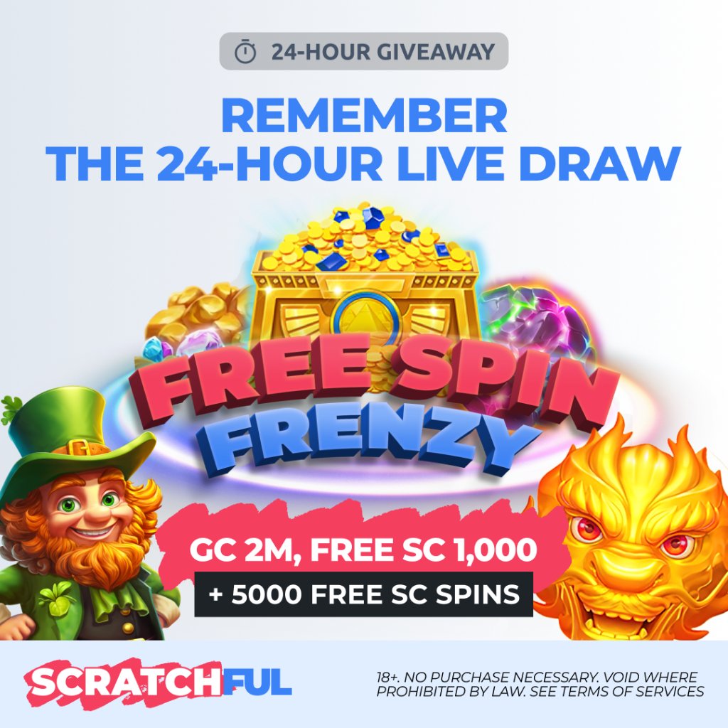⏰🎰 FREE SPIN FRENZY🎰⏰ Don't miss your opportunity to WIN FREE Sweepstakes Coins Spins!

250 players will receive Free Spins - could this be YOUR week to score at Scratchful? 😁 Enter the live draw before it's too late!

👉 lite.spr.ly/6001hMX

#Scratchful #PrizeDraw