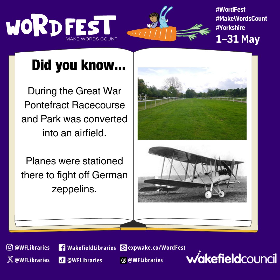 📚🛩️Did you know Pontefract Racecourse was turned into an airfield during the First World War?
#makewordscount #wordfest #libraries #wakefield #festival #pontefract #firstworldwar

@ouryear2024 @pontecastle @ponteraces @wfmuseums @mywakefield @pontefractcivic @pontefractreads