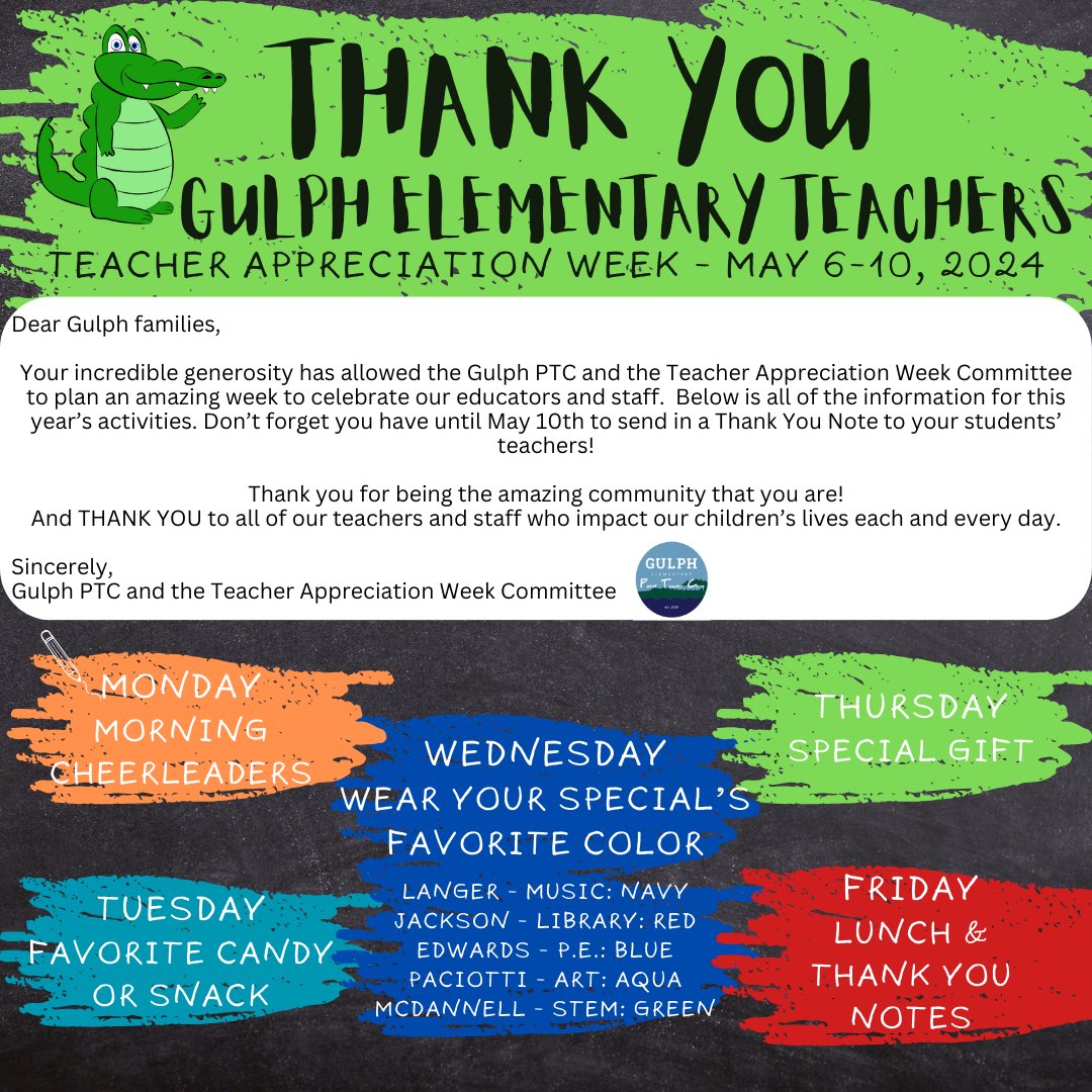 Tomorrow is the start of TEACHER APPRECIATION WEEK!  We’ve got lots planned for our amazing Gulph Teachers thanks to all of your support! Stay tuned for updates throughout the week as we celebrate our amazing educators and staff🐊💚