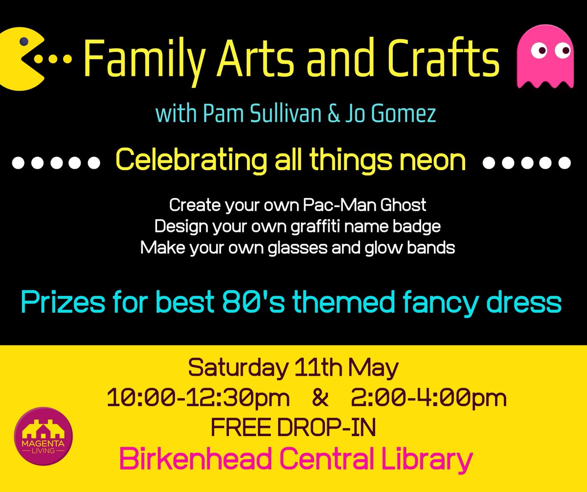 ‼️ Next Saturday (11 May) @ Birkenhead Central Library ‼️ Free drop-in family arts and craft activities for 80s May Join Pam Sullivan and Jo Gomez for neon themed crafts Suitable for ages 4+