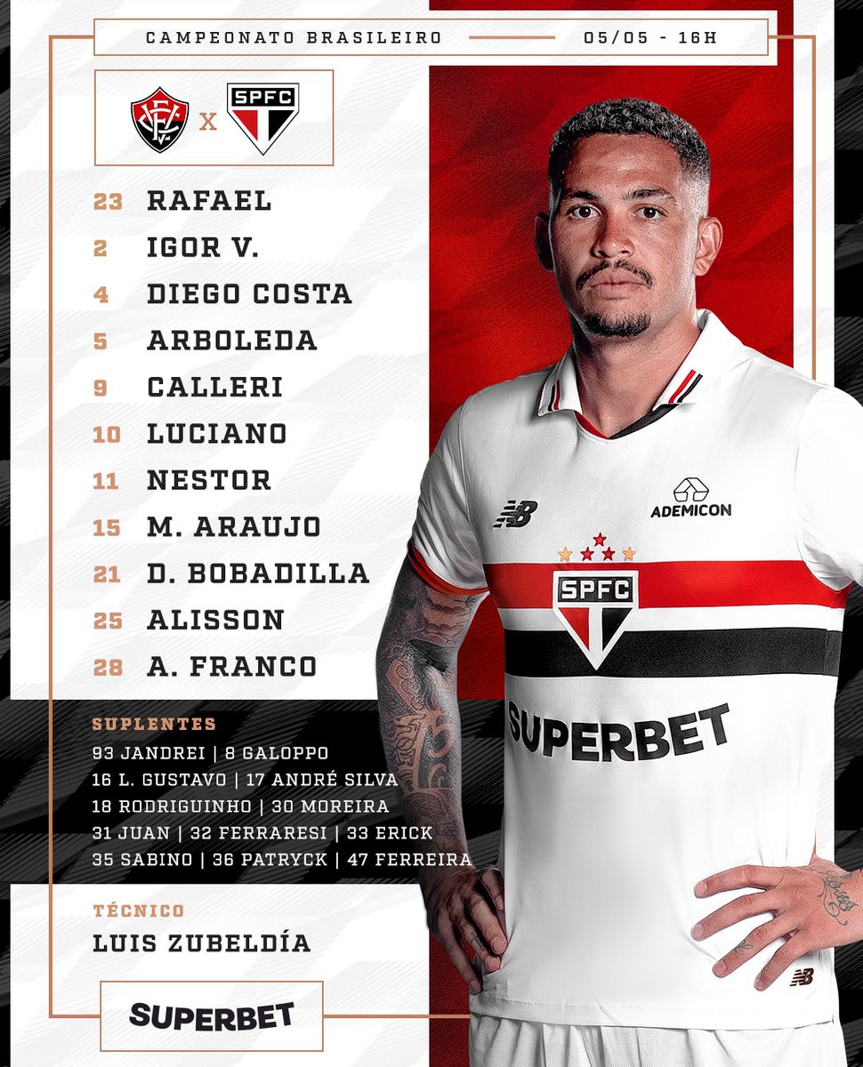 SaoPauloFC's tweet photo. 🇾🇪 O Tricolor está escalado!

⚽ Vitória x São Paulo 
🏟️ Barradão
📍 Salvador (BA)
⏰ 16h
🏆 Brasileirão (5ª rodada)

📺 Globo e Premiere
🎙️ SPFC Play

#VamosSãoPaulo 🇾🇪 https://t.co/JOBumIlEFW