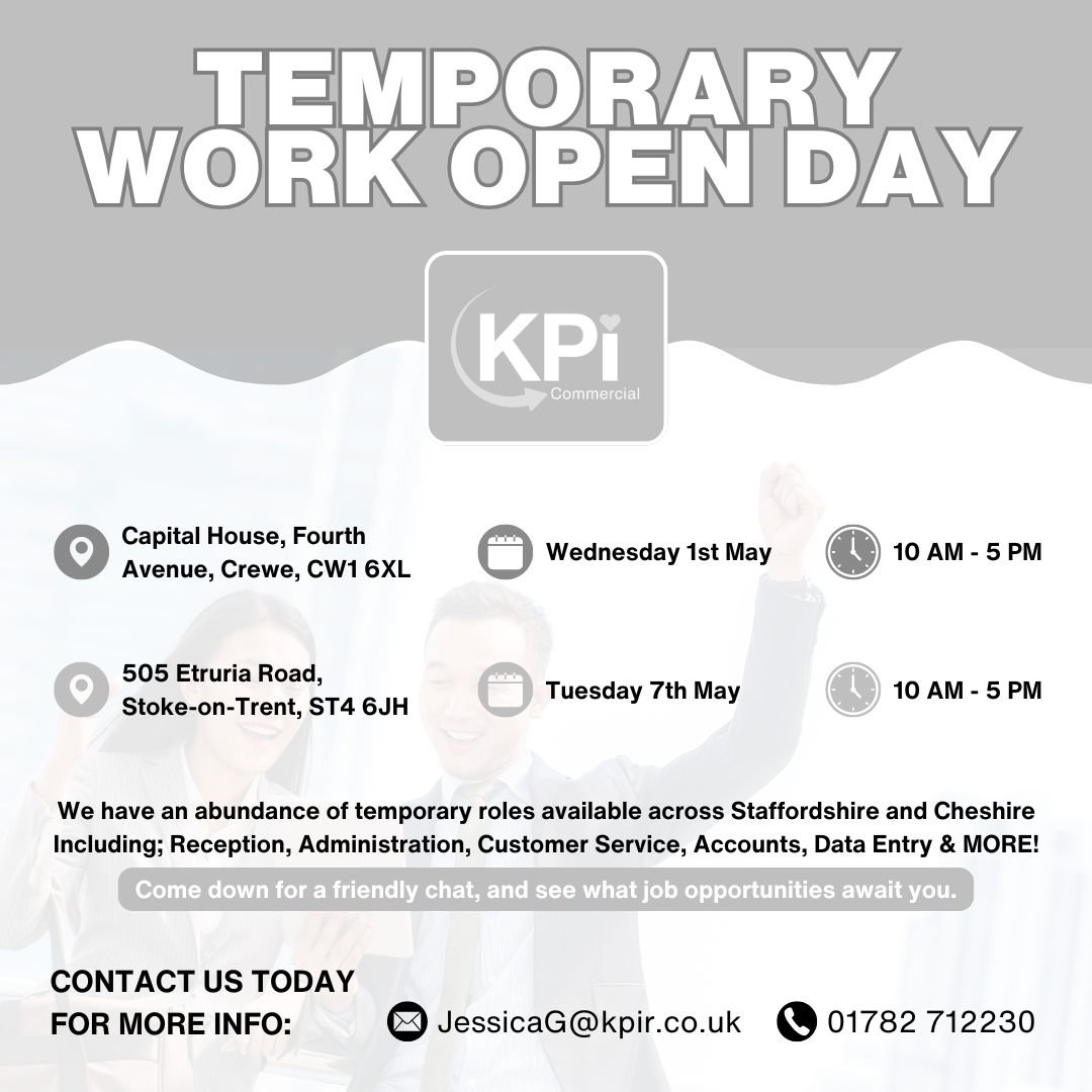 📝If you are looking for Temp work, we have some dates for your diary...

📍Come visit us at one of our Temp Worker Open Days at our Stoke & Crewe branches.

❔Any questions please email JessicaG@kpir.co.uk or ring 01782 712230.

#Jobs #TempJobs #StokeJobs #CreweJobs #JobsFair