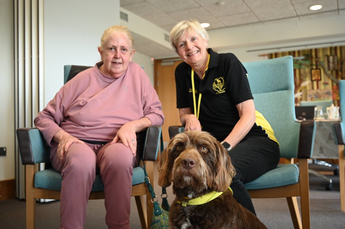 Dudley, a beautiful therapy dog, visited us in Day Services. Patients, volunteers and staff loved seeing the three-year-old Labradoodle, who was brought here by Rosemary (right) from Therapy Dogs Nationwide to help provide a bit of comfort, distraction and stimulation.