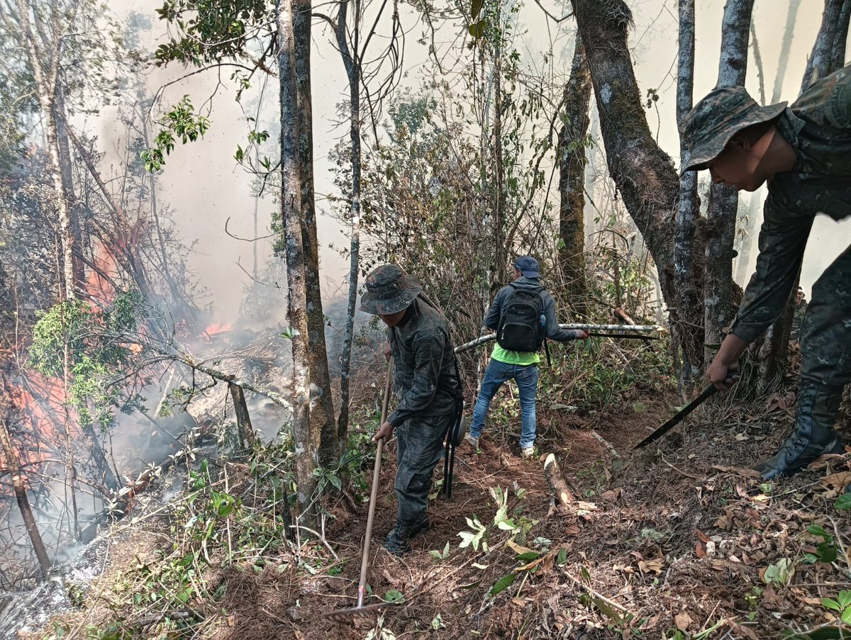 Quinta Brigada de Infantería del #EjércitoGT, efectúa acciones de supresión de incendio forestal en aldea Yul Witz, municipio de San Pedro Soloma, #Huehuetenango.