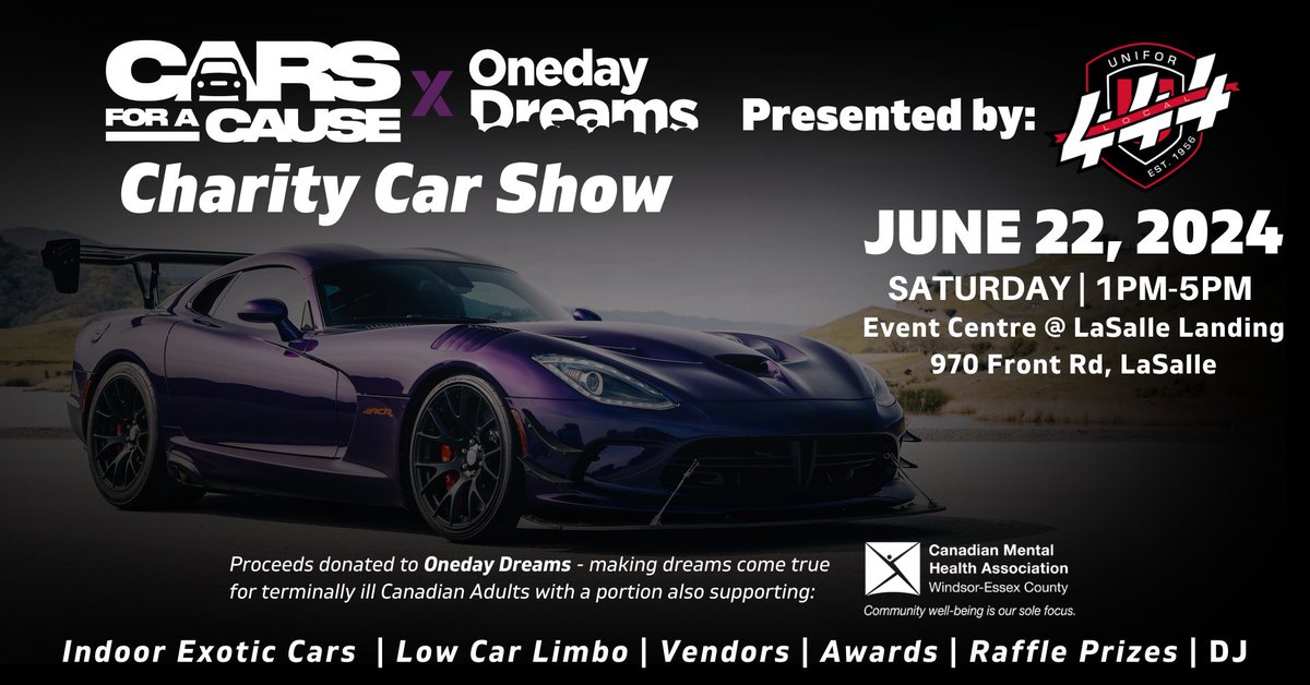 Mark your calendar for June 22 when Cars for a Cause and Oneday Dreams host a Charity Car Show at the LaSalle Event Centre. #carshow #carenthusiasts