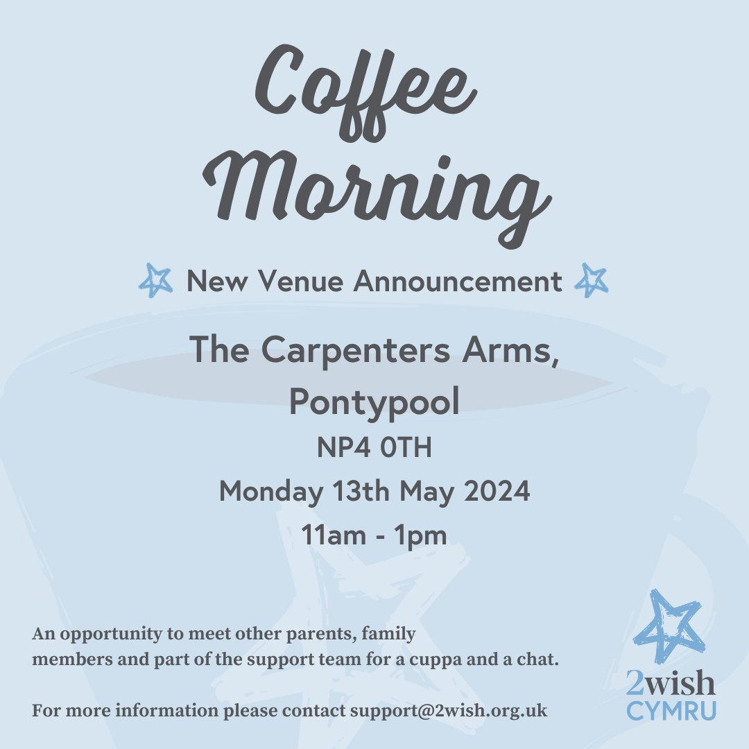 Join us at our new coffee morning venue in Pontypool! ☕🌟 📍 The Carpenters Arms, Pontypool, NP40TH 🗓️ Monday, May 13th, 2024 🕚 11 am - 1 pm Connect with other parents, family members, and our support team. 💙 Please note: This replaces our coffee mornings in Cwmbran.