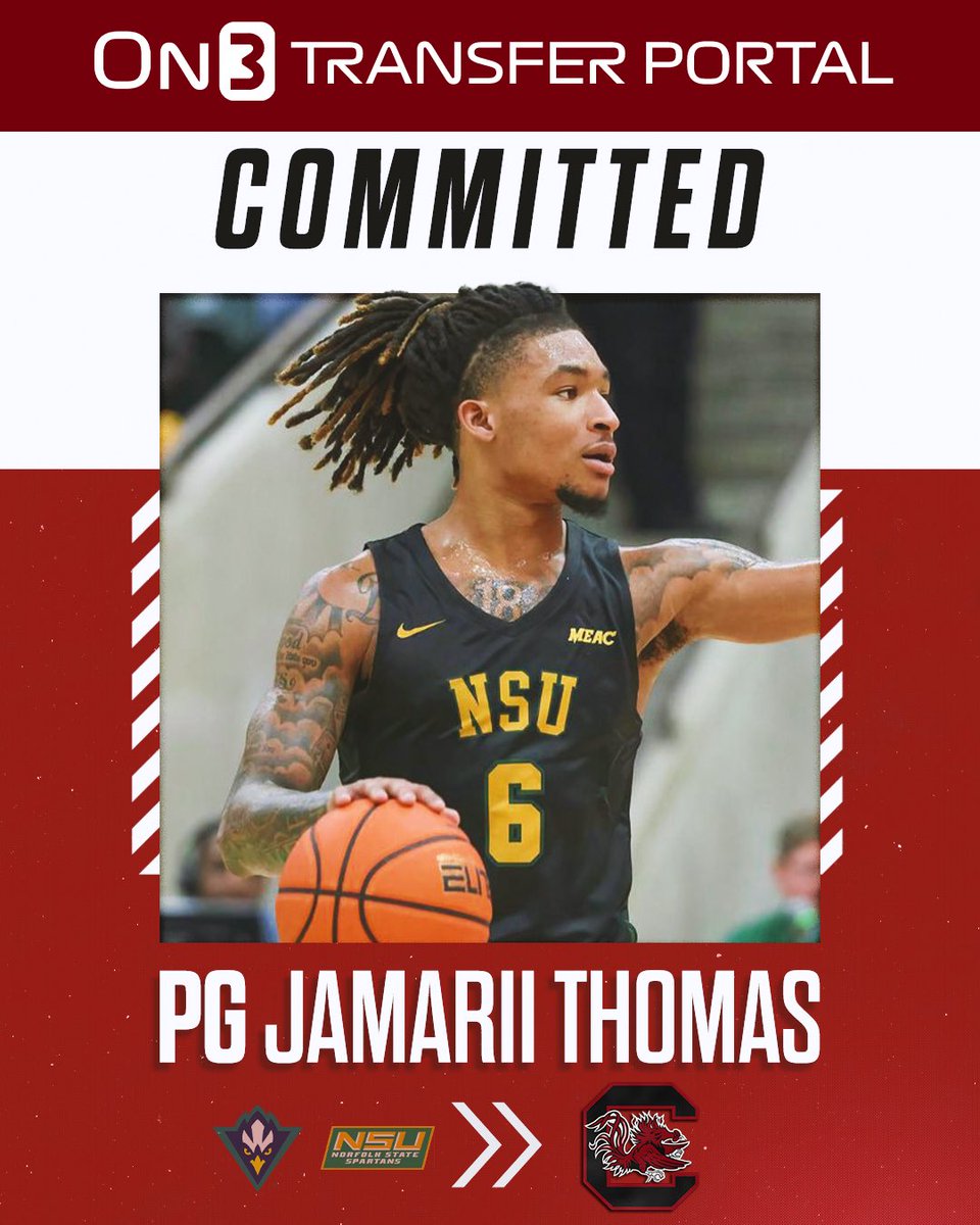 🚨BREAKING: South Carolina has their portal guard! Norfolk State transfer Jamarii Thomas, the MEAC Player of the Year, has flipped his commitment from VCU to the Gamecocks! 

He explains the decision here ➡️ on3.com/teams/south-ca…