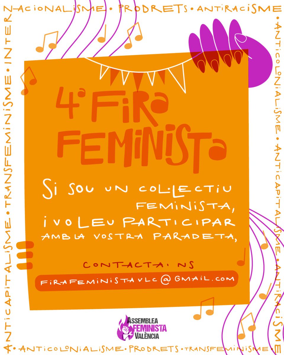 🟣 Sou un col·lectiu feminista i voleu participar a la #IVFiraFeminista posant una paradeta amb el vostre material❓ Escriviu-nos a firafeministavlc@gmail.com per a apuntar-vos ✍️ ⚠️ Vos esperem a totes i totis el pròxim 25 de maig als Jardins de Vivers de #València 😊🔥