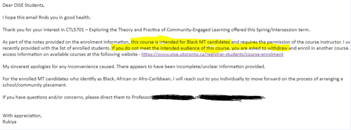 At the University of Toronto, Canada's top university, students are being told to drop out of a course if they have the wrong skin color, because it is 'intended for black [students] only.' Canada is rapidly becoming the race-first, segregated disaster the left wants America to…