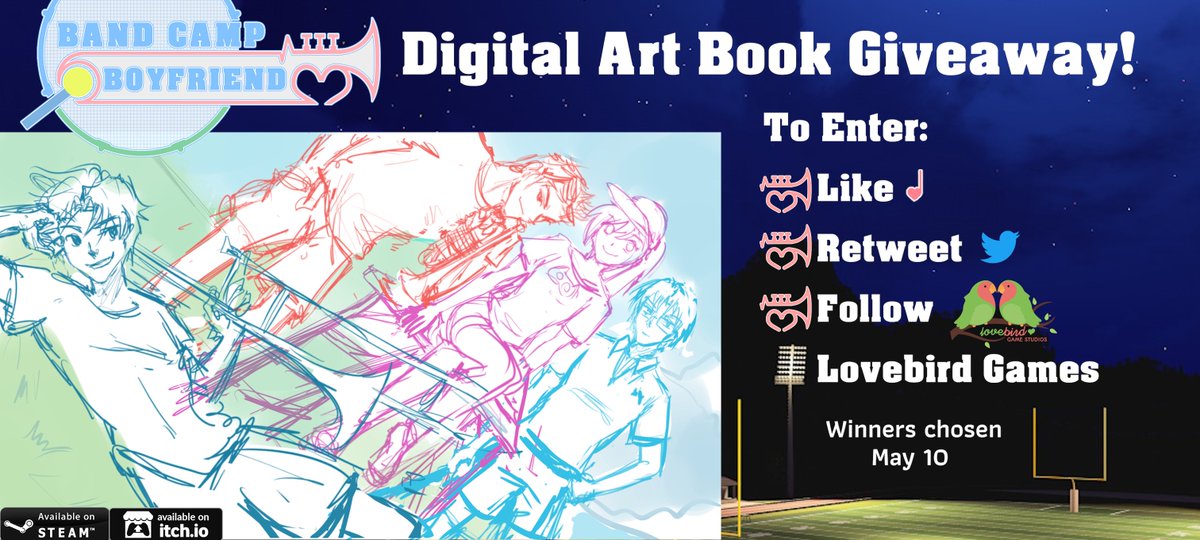 The Band Camp Boyfriend Digital Art Book is releasing at the end of the week & we're holding a giveaway! All you have to do is like/share this post, and be following this account to have your name entered to win! Winners chosen on May 10. Good luck!💖 #bandcampboyfriend #otome