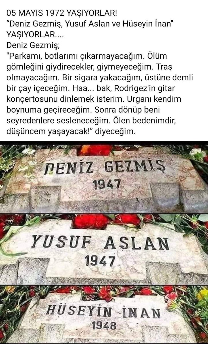 Parkamı, botlarımı çıkarmayacağım. Ölüm gömleğini giymeyeceğim. Bir sigara yakacağım, üstüne demli bir çay içeceğim. Rodrigo’nun gitar konçertosunu dinleyeceğim. Urganı kendim boynuma geçirip sonra dönüp beni seyredenlere; #DenizGezmiş #6Mayıs1972 #DarAğacındaÜçFidan