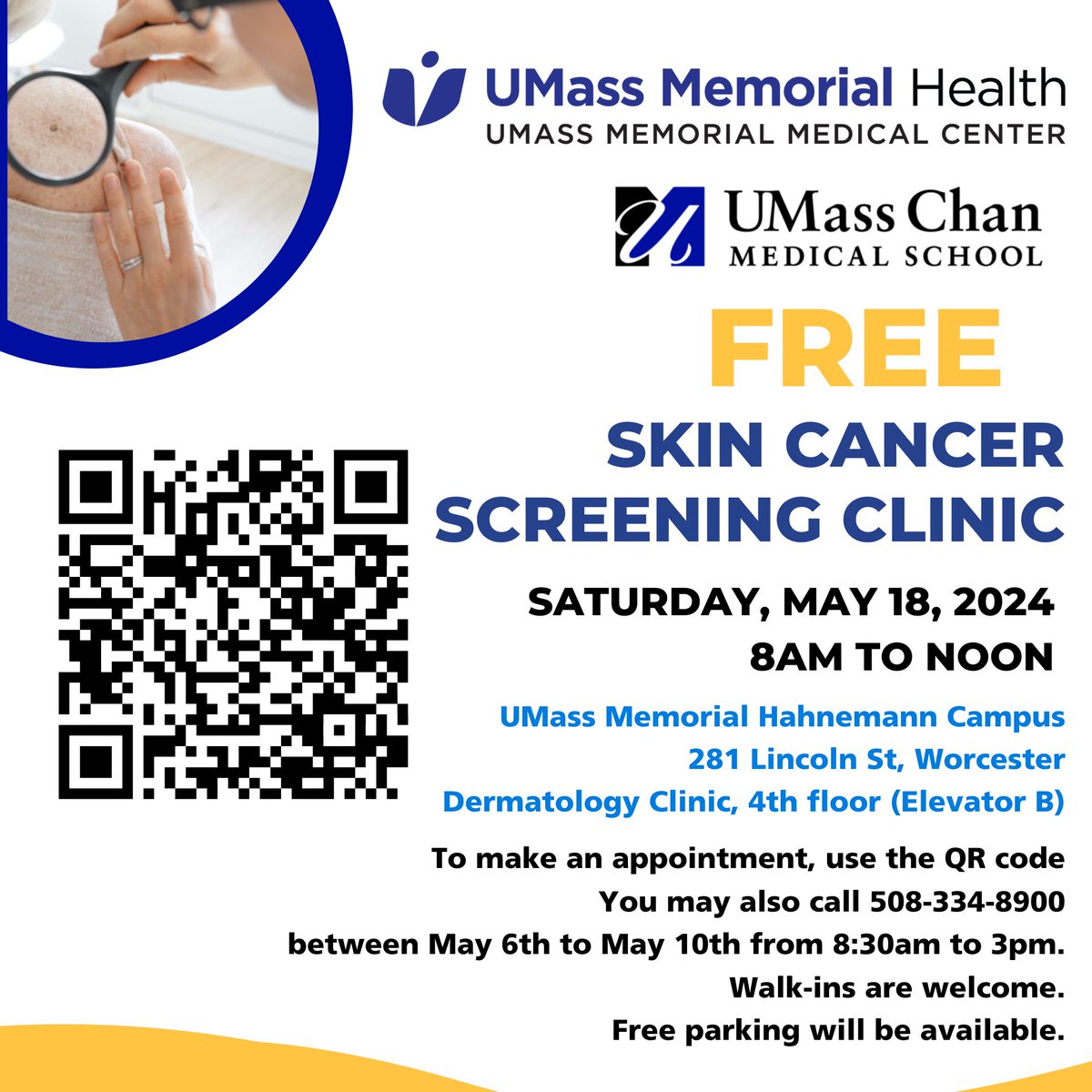 Mark your calendars! 📅 @UMassMemorial #Dermatology is offering a FREE skin screening on Saturday, May 18th. This once-a-year opportunity has been a lifesaver, identifying #skincancer in numerous patients each time. Don't miss out — early detection saves lives! #MelanomaAwareness