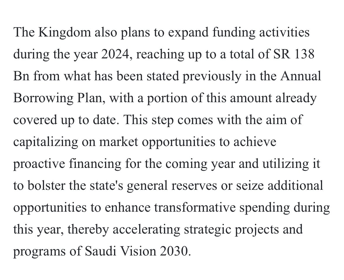 MattMartin128's tweet image. Saudi Arabia increases 2024 borrowing plans by around $13b, tucked away at the bottom of a announcement of the last government bond sale a few days ago