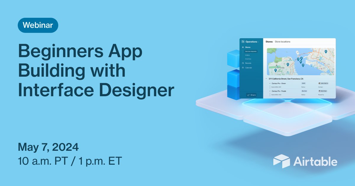 Join us for the first webinar in our two-part series! Learn how to use Airtable Interfaces to create custom views, embed powerful AI capabilities, and keep teams connected. Don't miss your chance to learn how to embed Airtable AI for added value: ow.ly/UaCm50RsPxQ