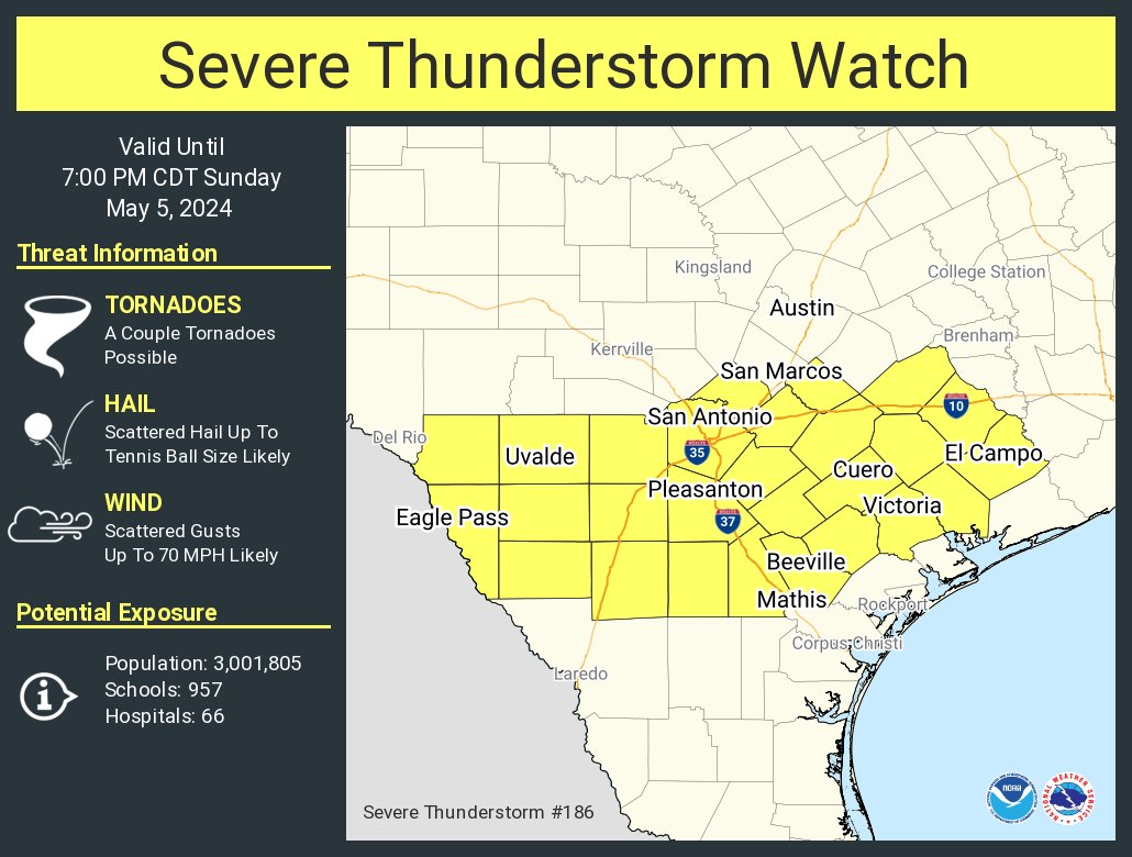 A severe thunderstorm watch has been issued for parts of Texas until 7 PM CDT