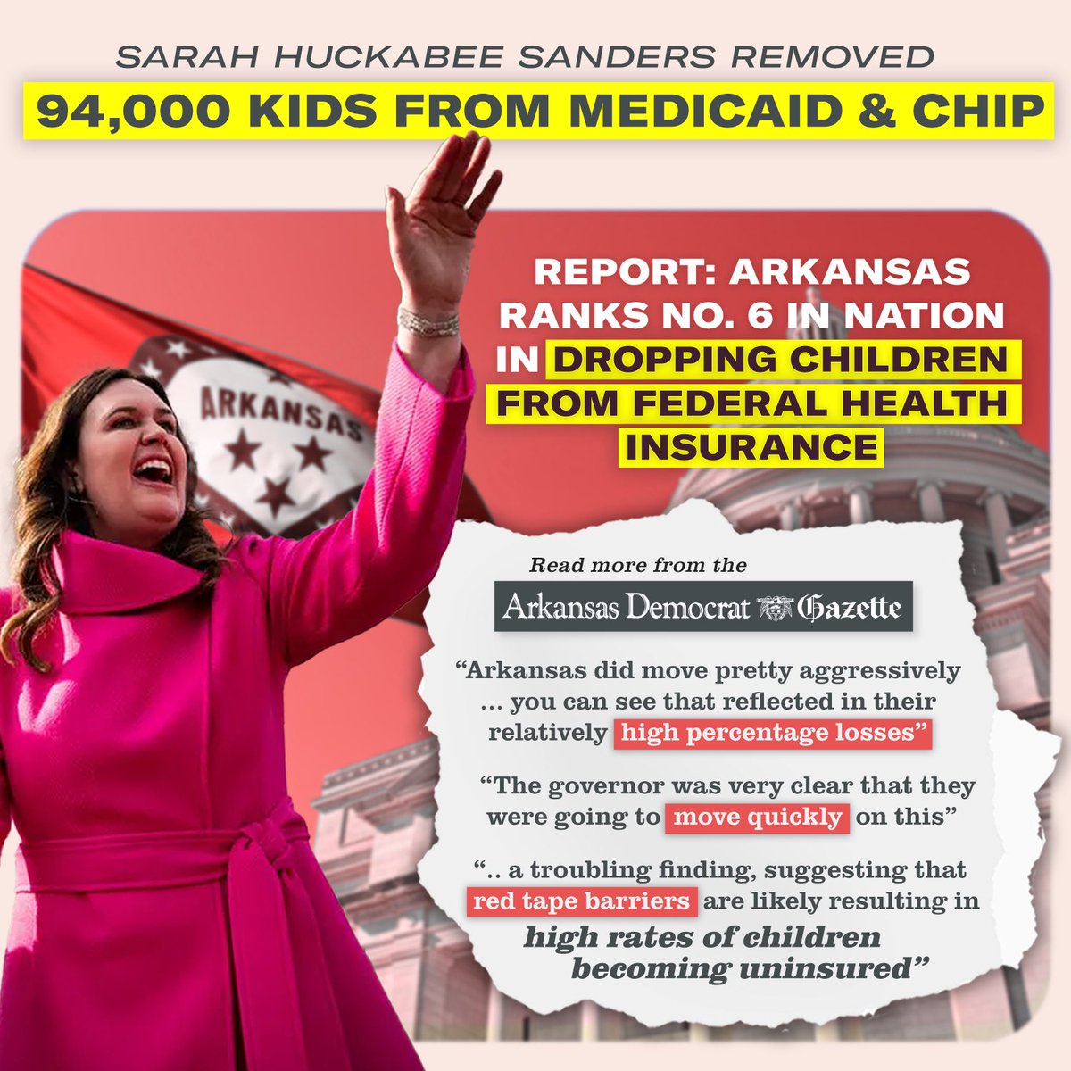 A LESS HEALTHY & SAFE ARKANSAS New report shows that Arkansas led the nation in the number of children removed from their health insurance. And Governor Sarah Huckabee Sanders’ health department, hasn’t even bothered to read the analysis yet. 📰📰 arkansasonline.com/news/2024/may/…