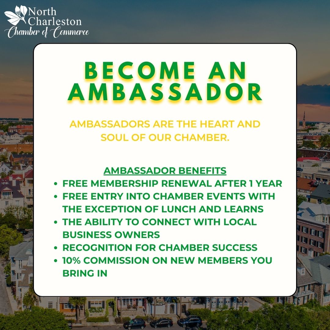 Becoming an ambassador for the #NorthCharlestonChamber offers a range of fantastic benefits!
Join us as an ambassador and start reaping these rewards today!
Learn more today, bit.ly/3LuVbN4!
#AmbassadorProgram #CommunityConnection