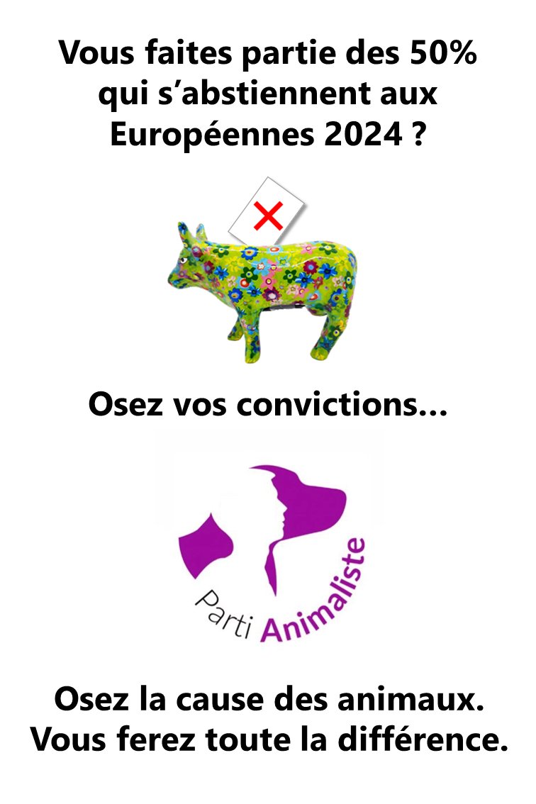 Encourageons les abstentionnistes d'aller voter le 9 juin, pour les #Europeennes2024. Ils sont 25 millions en France. Plus de confiance dans les partis traditionnels. Mais sensibles à 89% à la cause animale. Faisons la différence.
#onrecoltecequelonvote. @PartiAnimaliste