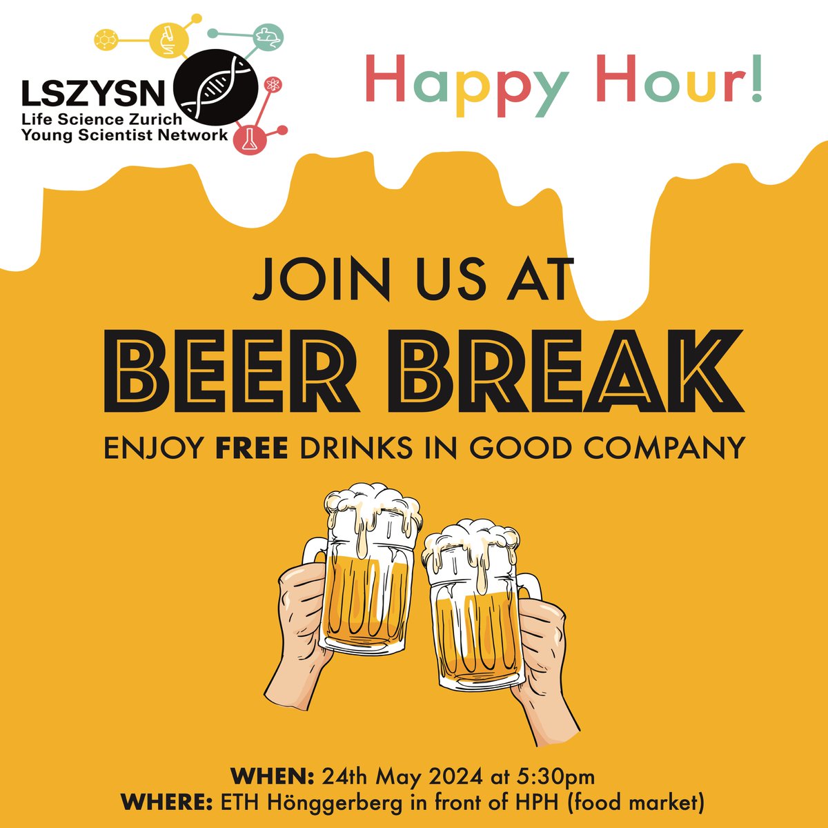 #BeerBreak #NetworkingEvent

What is the best way to end a very intense week? Drinking a free beer in good company!

Join us on the 24th of May from 5.30pm at ETH Hönggerberg. We are looking forward to seeing you!

#LSZYSN #UZH #ETH #ETHZurich