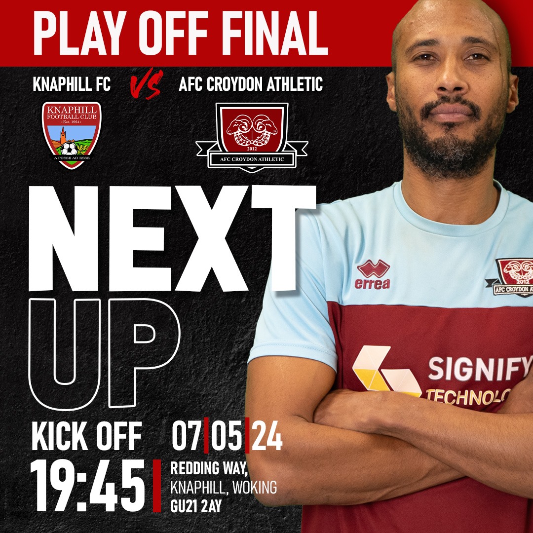 🏆 Playoff Final: Knaphill FC vs AFC Croydon Athletic 🐏⚽ 

The battlefield is set at Knaphill FC with kick-off at 19:45 ⚔️. 

📍Redding Way, Knaphill, Woking, GU21 2AY

#AFCCroydonAthletic