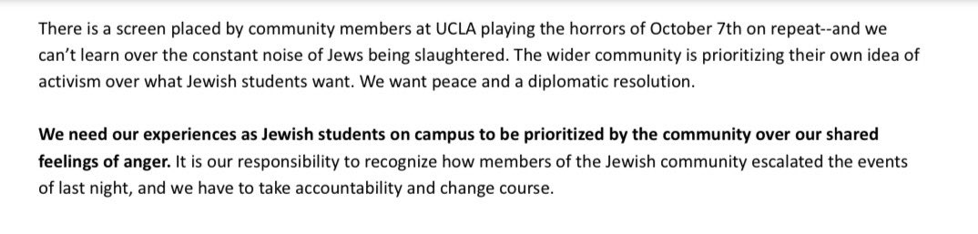 Fascinating letter from Hillel student leaders to the off-campus Jewish community. “We cannot have a clearer ask for the off-campus Jewish community: stay off our campus. Do not fund any actions on campus. Do not protest on campus. Your actions are harming Jewish students.”