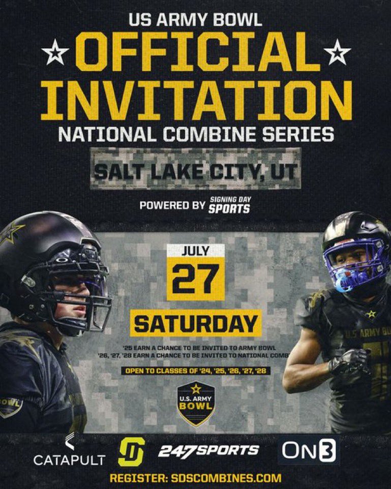 Honored to receive an invitation from the Director of Football Operations @MattSeiler_SDS of Signing Day Sports @SDSports to the U.S. Army Bowl National Combine Series in Salt Lake City. Looking forward to making the trip this summer. #COLTPRIDE