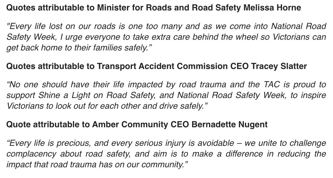 an interesting comparison: it's road safety week, and vic landmarks are being lit up in memory of victims, ministers are putting out strong statements like these