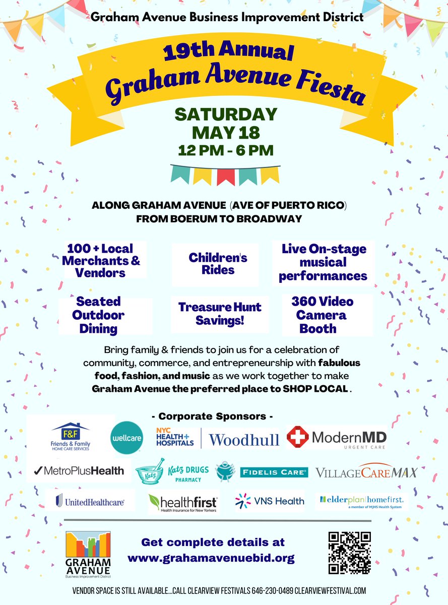 Have a blast at the 19th Annual Graham Avenue Fiesta! 🎊
⏰Saturday, May 18, 12 p.m.–6 p.m.
📍Along Graham Avenue (Avenue of Puerto Rico) from Boerum to Broadway
#shoplocal #northbrooklyn #community #williamsburgbrooklyn @GrahamAveBID @VillageCare @HealthfirstNY