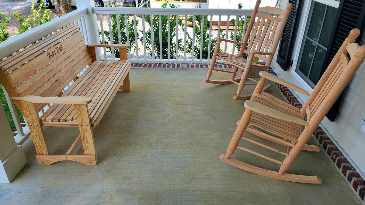 New porch furniture hast cometh. These are in addition to the swing. Thanks to Louisiana Cypress Swings & Things. Gorgeous craftsmanship from a fine regional artisan. #buylocal