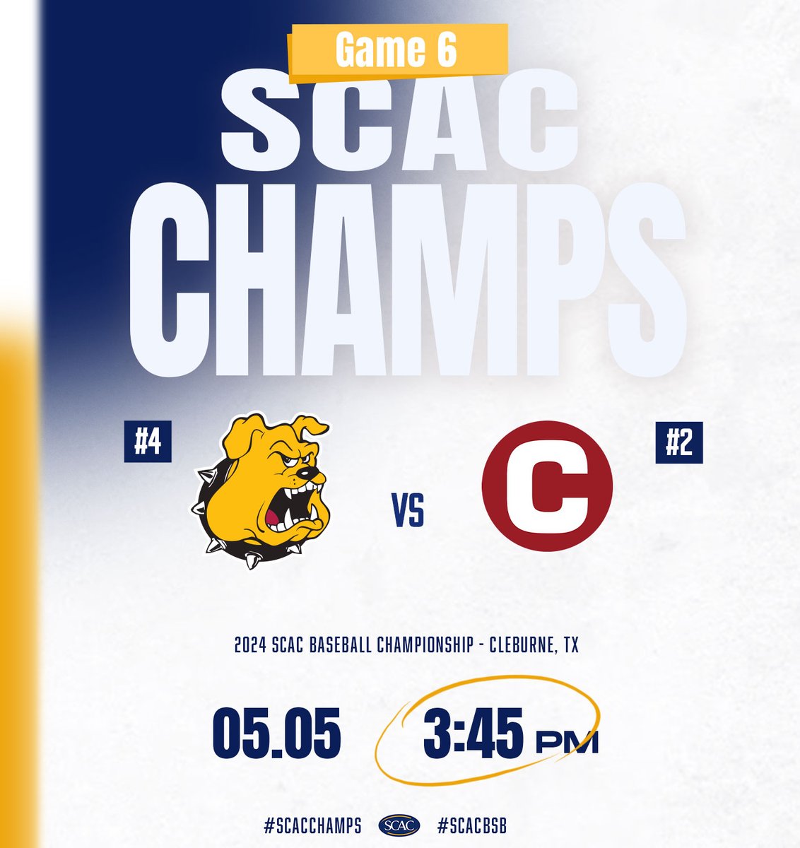 #SCACBsb | Championship Sunday is upon us❗️ We are underway in Cleburne🏆 @tluathletics .v. @GoCentenary 📽️| tinyurl.com/yf4rxhuk 📊| tinyurl.com/52urr6wz #SCACPride #SCACChamps #d3baseball