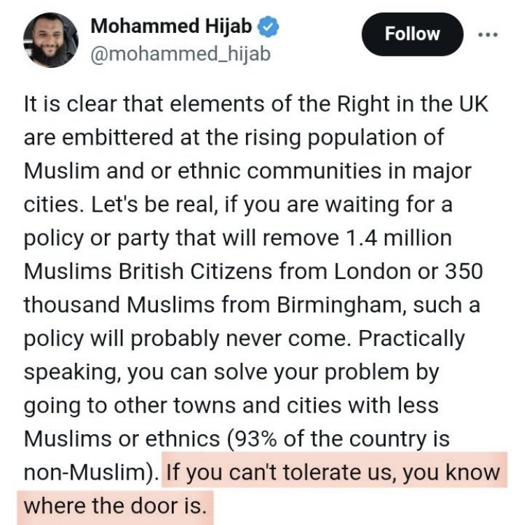 “If you can’t tolerate us, you know where the door is” writes British Islamist YouTuber post local elections. 🇬🇧