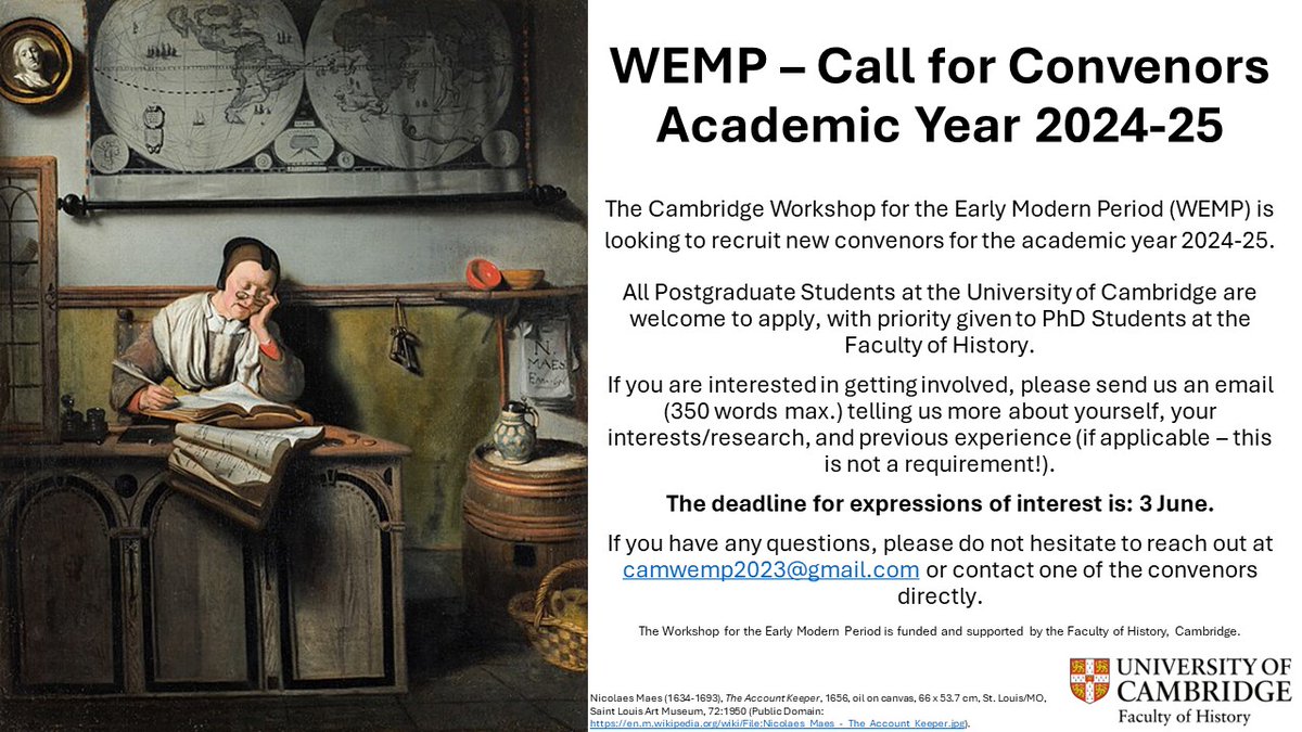 🎉Call for Convenors 2024-25🎉 We are thrilled to invite expressions of interest from @CamHistory PGs (incoming and current!) wishing to join our team as convenors in 2024-25! This is a wonderful opportunity to connect to your @EModCam community! Deadline: 3 June 👇