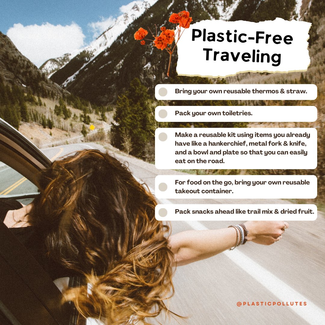 Is traveling on your horizon? 🌹 Skip the single-use plastic on your adventures with a little planning and preparation. 💡 What other tips do you have to avoid unnecessary plastic on your next journey? 👇🏼 Comment below. #PlasticPollutes #BreakFreeFromPlastic #PlasticFreeTravel