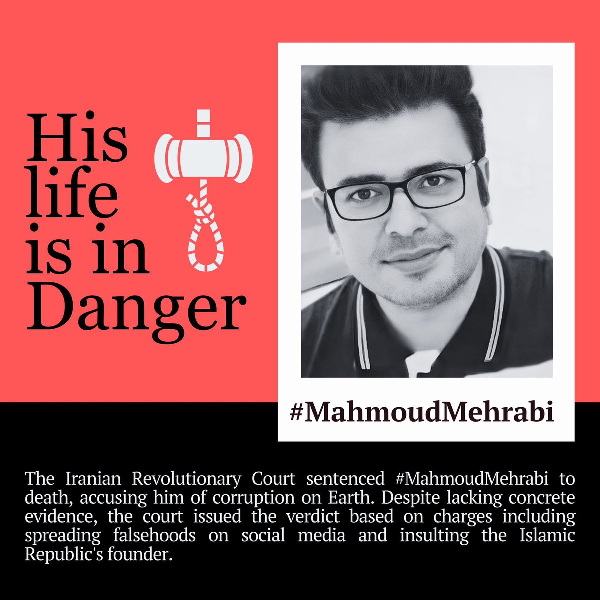 Political prisoner #MahmoudMehrabi in #Iran, sentenced to death.
He is accused of "corruption on earth". The 35-year-old was arrested in Nov. 22 during the nationwide protests.
He is said to have called for resistance against the state on social networks.
#محمود_مهرابی 
<a href="/amnesty/">Amnesty International</a>