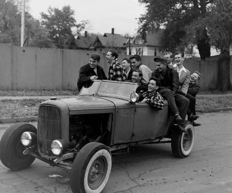High School teenagers riding around in a jalopy in Des Moines, Iowa, 1947.