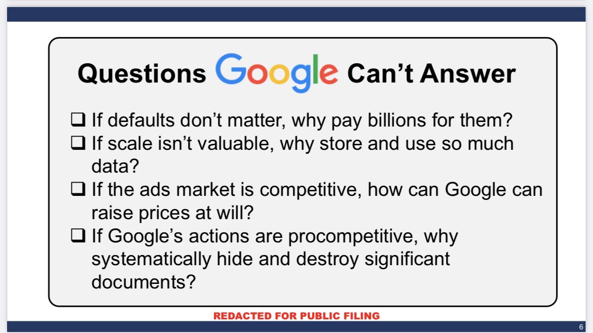 Department of Justice has now posted its hundreds of great slides from closing arguments. I’ll share 13 slides that tell story imho captured by this list. First, if search defaults don’t matter, why pay approx $30B, 40% of revenue to maintain them? 1/13