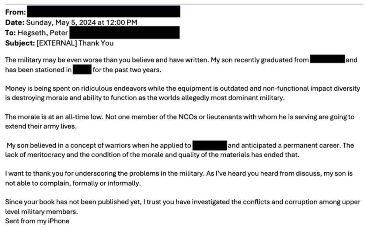 Check out this email (redacted to protect the honest). It’s from a military dad. This email is why I wrote “The War on Warriors.” This is happening in units all across America. Book 👉 foxnews.com/books/the-war-…