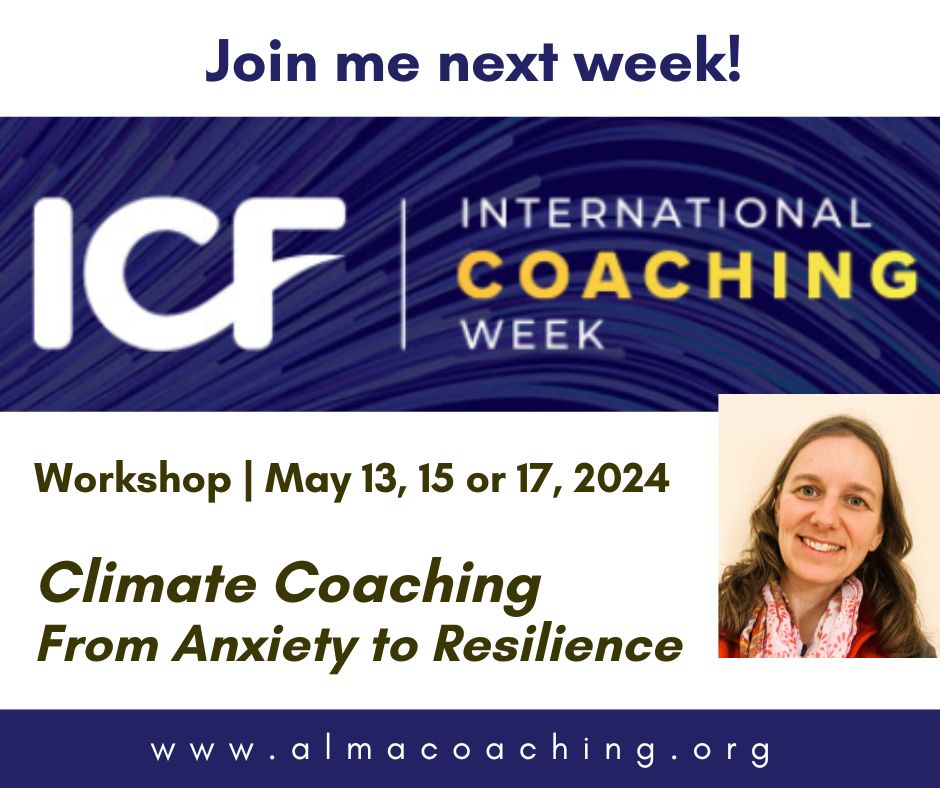 May 13-19, 2024 is ICF International Coaching Week. Join one of my events to learn how coaching can help transform climate anxiety into climate resilience.
icf-events.org/icw/climate-co… 

#ICF #climatecoaching #climateresilience #climateanxiety #coaching #climatechange