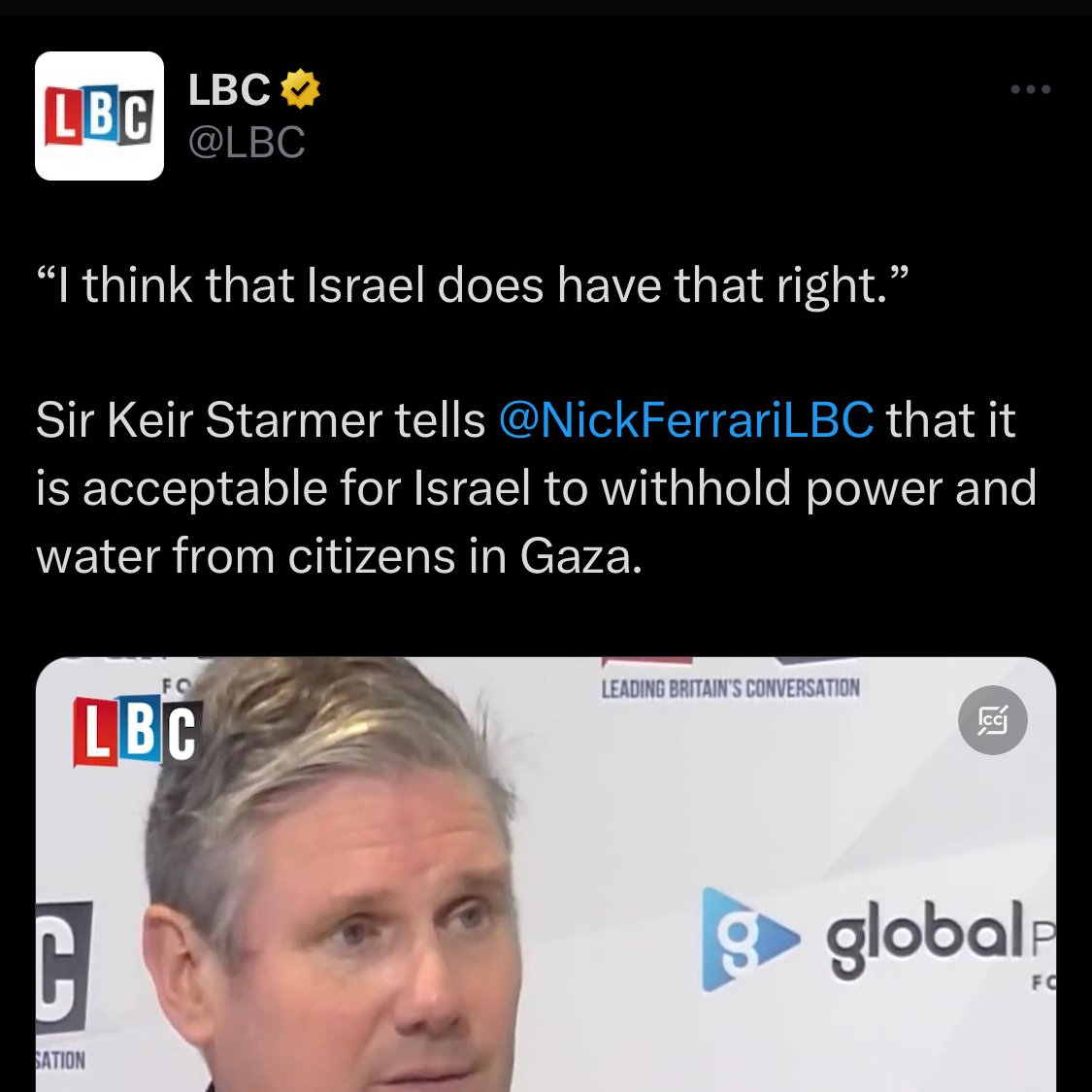 The @UKLabour leader @Keir_Starmer said the Israeli government had the right to cut off water and electricity to Palestinian civilians. He is complicit in genocide. Don't vote Labour.