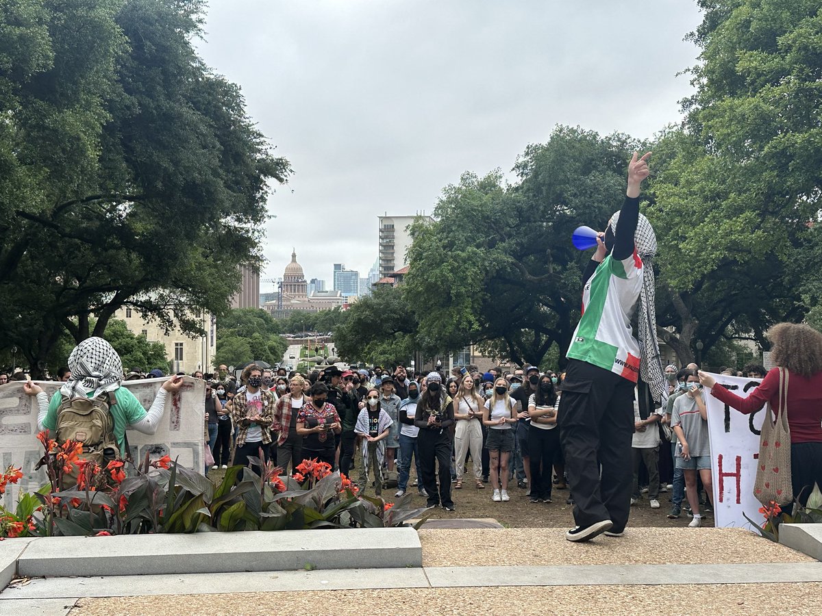 “Israel bombs, UT pay, how many kids have you killed today?”