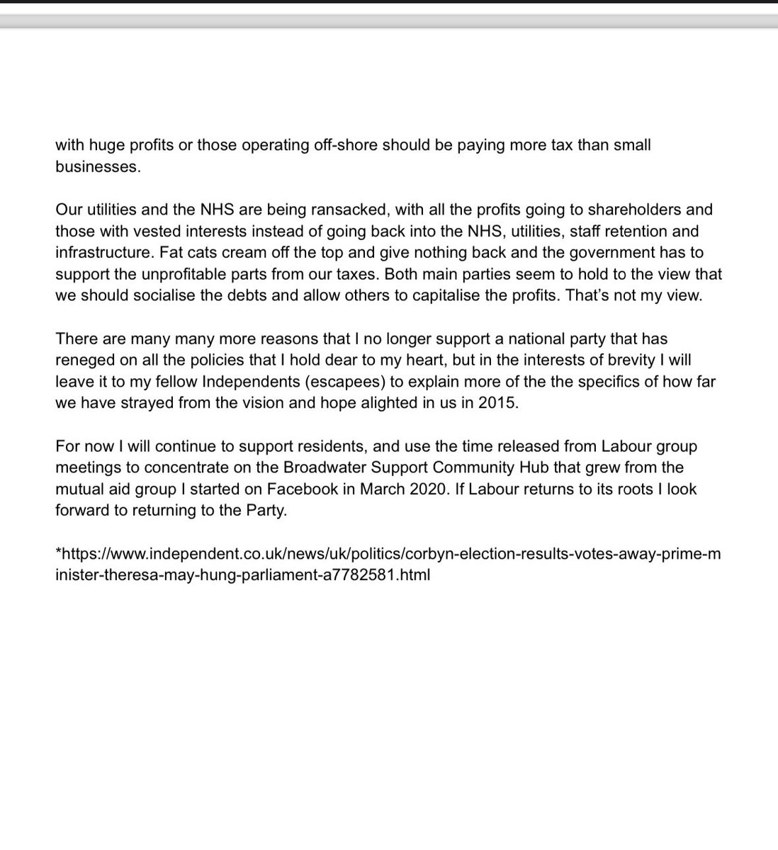 My reasons for leaving the National Labour Party are in the photos below. I still fully support the local Labour group and @BeccyCooper4Lab as candidate for Worthing West MP. I would have supported @carl1545 had he been chosen for EWAS. Google doc here: docs.google.com/document/u/4/d…