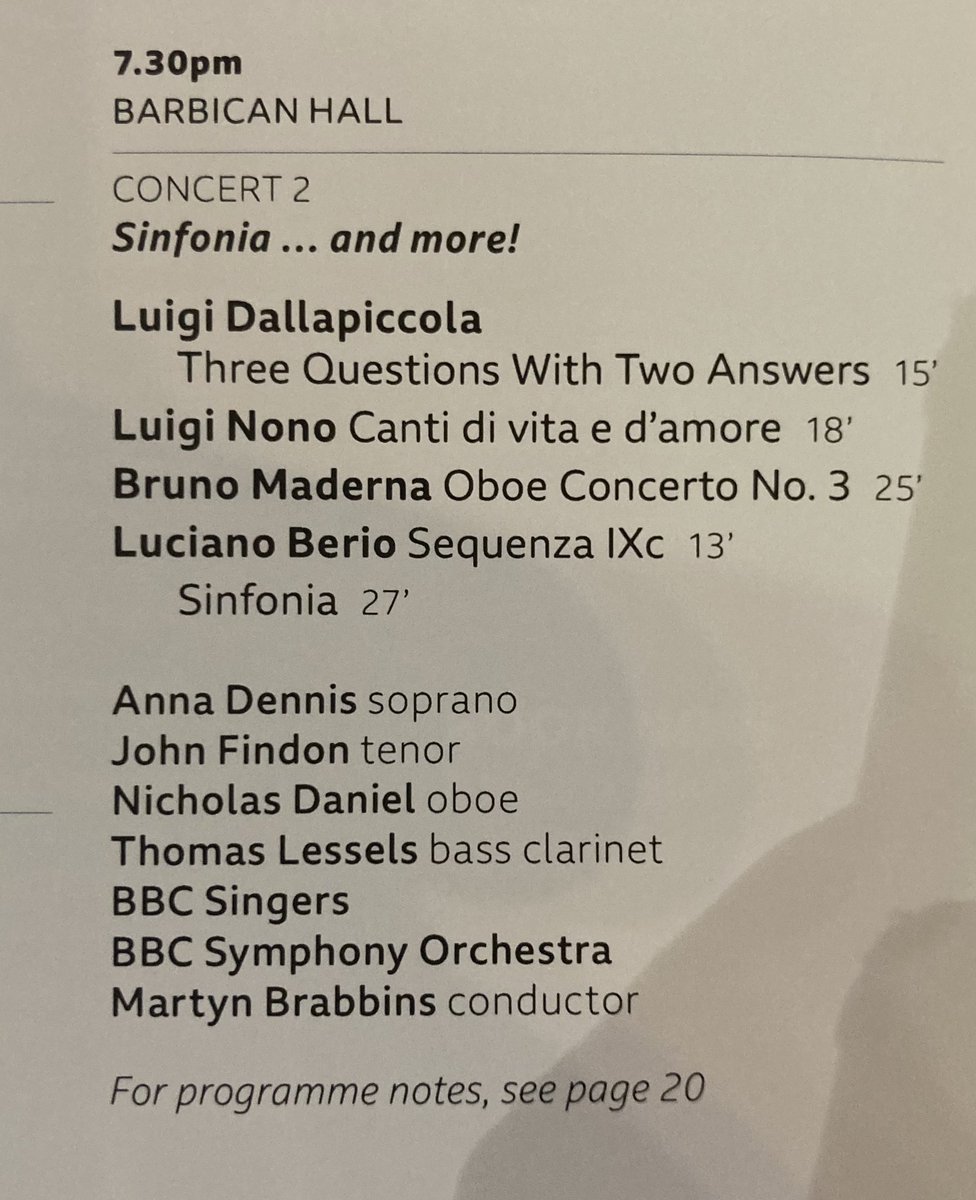 Great Italian programme at the @BarbicanCentre tonight. Can’t remember when I last heard Berio’s Sinfonia live (and who knew Maderna wrote 3 Oboe Concertos?!) @BBCSO @BBCSingers